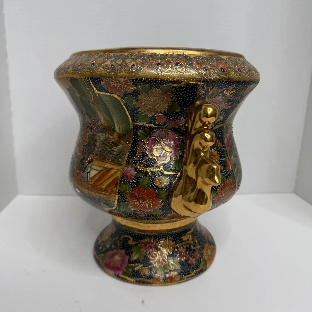 Vintage Japanese Satsuma Moriage Urn Vase Geisha Boat Scene Gold Gilt 7in